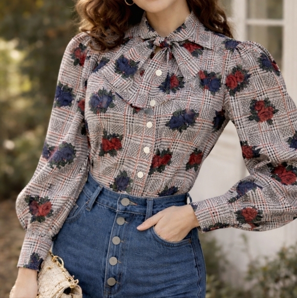 Leslie Fay Tops - Vintage Leslie Fay Sportswear Floral Gingham Puff Sleeve Tie Button Up Top NWT!